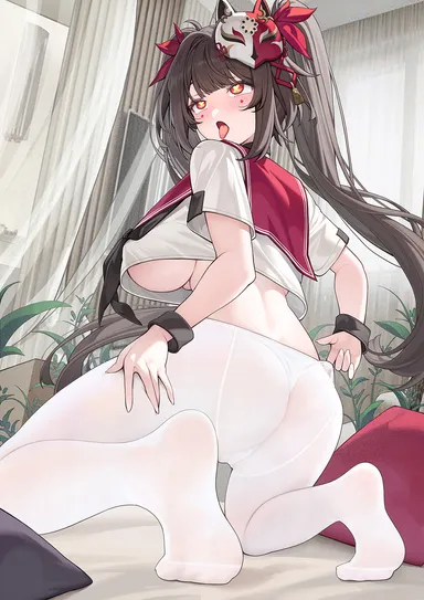 catsmoon, honkai (series), honkai: star rail, sparkle (honkai: star rail), alternate costume, aroused face, ass, black hair, blush, breasts, brown hair, female, fox mask, from behind, indoors, kneeling, large breasts, long hair, looking at viewer, looking back, mask, mask on head, naughty face, open mouth, pantyhose, red eyes, shirt, short sleeves, soles, solo, symbol-shaped pupils, thighs, tongue, tongue out, twintails, white pantyhose, white shirt, x pupils, x-shaped pupils, highres, paid reward available