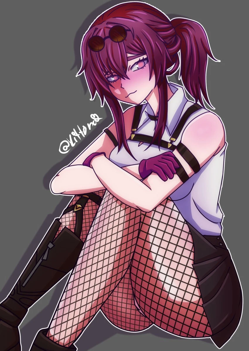 artist request, kittakittyna, honkai: star rail, hoyoverse, kafka (honkai: star rail), 1girls, big breasts, fishnet legwear, fishnets, legs, panties, ponytail, purple eyes, purple hair, shirt, sitting, skirt, suggestive gesture, thighs, two tone eyes