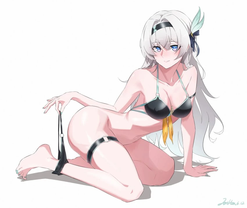 honkai (series), honkai: star rail, firefly (honkai: star rail), armband, armpits, ass, bare arms, bare legs, bare shoulders, barefoot, bikini, black armband, blush, bow, breasts, cleavage, covered erect nipples, female, green nails, hair ornament, hairbow, hands on floor, headband, holding, holding clothes, holding swimsuit, joihon, large breasts, light smile, long hair, looking at viewer, medium breasts, multicolored eyes, nail polish, narrow waist, navel, o-ring, o-ring bikini, on floor, pink lips, puffy nipples, solo, swimsuit, thigh strap, thighs, toenail polish, toenails, undressing, wavy hair, white background, absurdres, highres, signature, simple background