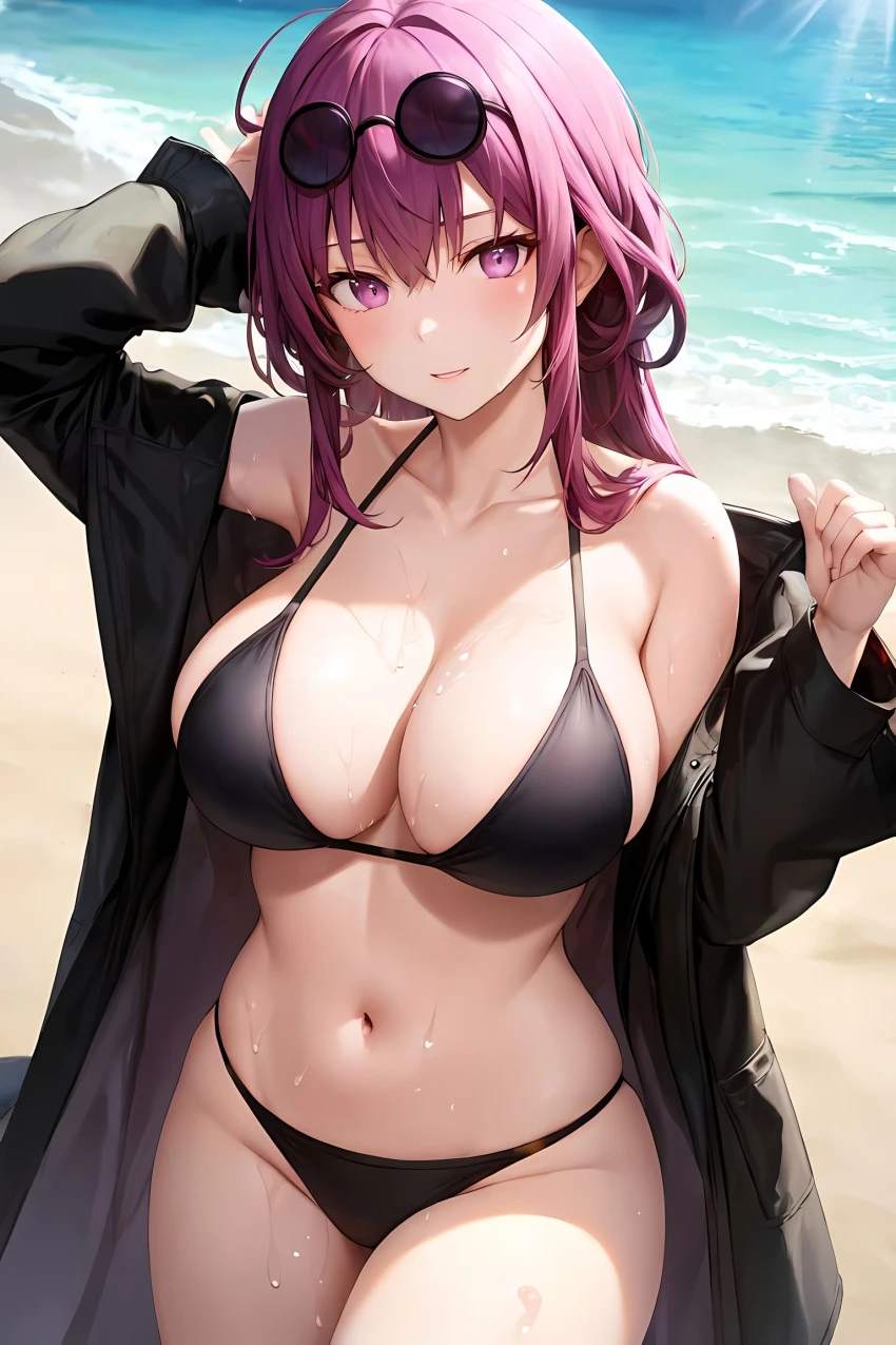 mimi ai, stable diffusion, honkai (series), honkai: star rail, kafka (honkai: star rail), 1girls, curvaceous, curvy body, curvy figure, eyewear on head, female focus, female only, huge breasts, long hair, magenta hair, sunglasses on head, ai generated