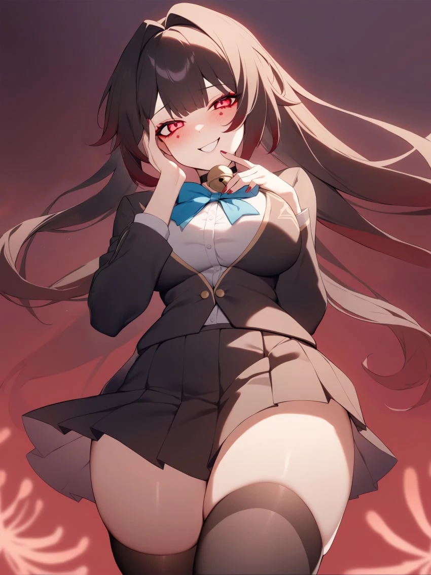 honkai: star rail, sparkle (honkai: star rail), 1girls, big breasts, brown hair, choker, clothing, legwear, long hair, naughty face, pink eyes, school uniform, seductive, skirt, teasing, thick thighs, voluptuous, ai generated, hi res