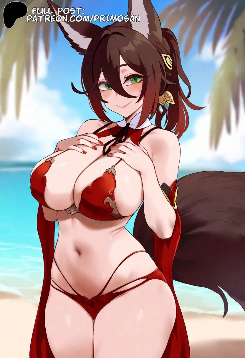 primosan, honkai: star rail, tingyun (honkai: star rail), animal ears, bikini, brown hair, green eyes, hands on own chest, large breasts, navel, ponytail, short hair, tail, water, ai generated