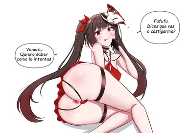 devil4826, honkai: star rail, sparkle (honkai: star rail), 1girls, anal only, anal only panties, brown hair, dress, female, female focus, huge ass, red eyes, twintails, spanish text, text