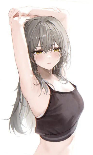 hidulume, honkai: star rail, stelle (honkai: star rail), armpits, arms above head, arms up, bra showing, clothed, exposed belly, gray hair, hairless armpits, non-nude, sleeveless, sports bra, strapless bra, sweat, sweating, white background, yellow eyes, 2d