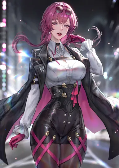 serafleur, honkai (series), honkai: star rail, kafka (honkai: star rail), big breasts, big hips, breasts, large hips, long hair, pink hair, shorts, small waist, stockings, tight clothing