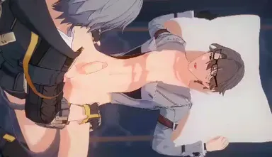 kiryuma, honkai: star rail, caelus (honkai: star rail), welt yang (honkai: star rail), bedroom, brown hair, creampie, cum inside, gay, gay sex, gray hair, half naked, half-erect, yaoi, animation, looping animation, tagme, video