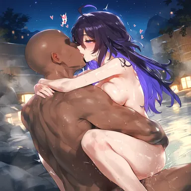 honkai (series), honkai: star rail, mihoyo, seele (honkai: star rail), 1boy, 1girls, blue hair, completely naked female, completely nude female, dark-skinned male, female, female focus, female penetrated, interracial, interracial sex, long hair, male/female, naked female, nude, nude female, nude male, nudity, onsen, outdoor sex, outdoors, pleasure face, pleasured, sex, 2d, ai generated, color