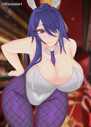 haxial, honkai (series), honkai: star rail, acheron (honkai: star rail), 1girls, bare arms, bare shoulders, big breasts, breasts, bunny costume, bunny ears, bunnysuit, eyes, fringe, hair, hands on hips, leaning, leaning forward, long hair, looking at viewer, lounge, oblivious, purple eyes, purple hair, solo, solo female, solo focus, talking, talking to viewer, thick thighs, thighs, tie, tights, white skin, no text version, text