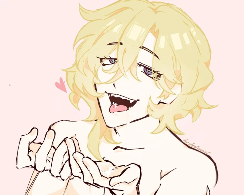 honkai: star rail, aventurine (honkai: star rail), blonde hair, blowjob, cum, cum in mouth, gay, handjob, heart, heterochromia, looking at viewer, looking up, male, male only, pale skin, pale-skinned male, smile, smiling, smiling at viewer, tongue, tongue out, color, colored