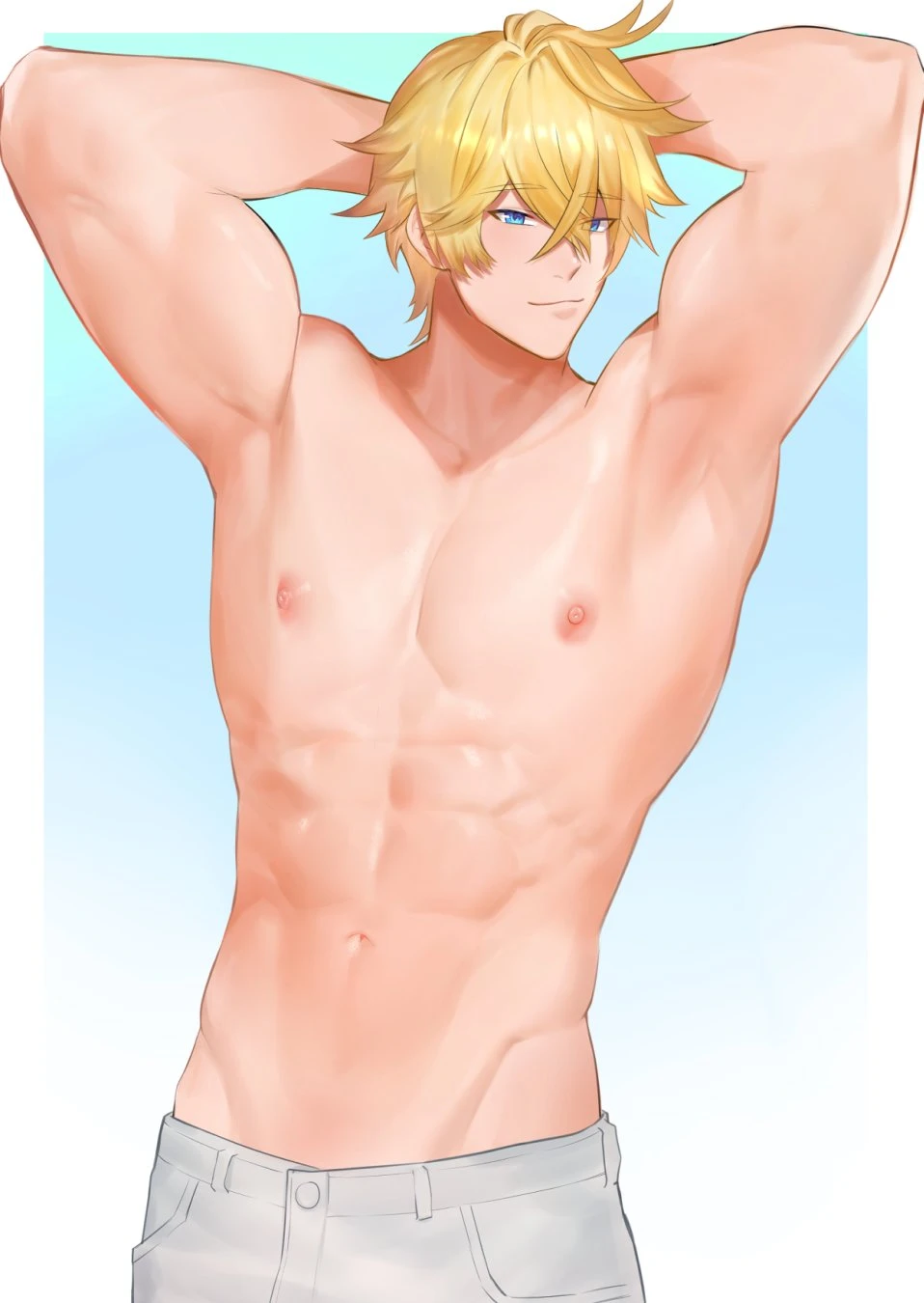 zhineart, honkai (series), honkai: star rail, gepard (honkai: star rail), 1boy, abs, arms behind head, arms up, blonde hair, blue eyes, closed mouth, gepard landau, hair between eyes, male focus, muscular, muscular male, navel, nipples, pants, short hair, smile, solo, stomach, topless male, white pants, highres