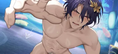 asaifrit, honkai: star rail, dr. ratio (honkai: star rail), 1boy, abs, blue hair, blush, gay, muscular, muscular male, pov, pubic hair, sweat, sweatdrop, tripping, yaoi, cropped