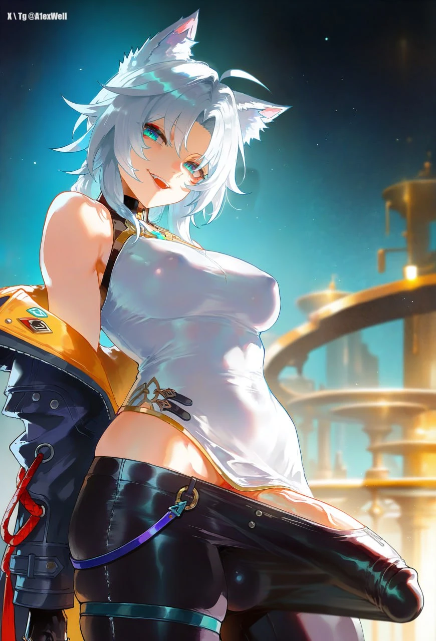 a1exwell, honkai (series), honkai: star rail, mihoyo, feixiao (honkai: star rail), erection under clothes, fox ears, fox girl, futanari, large penis, penis, penis peek, testicles, ai generated, stable diffusion