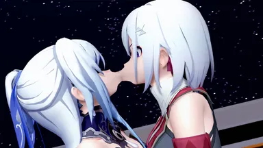 mirunokazuki, honkai (series), honkai: star rail, koikatsu, jingliu (honkai: star rail), topaz (honkai: star rail), 2girls, big breasts, blindfold, blue hair, breasts, closed eyes, french kiss, indoors, kissing, light skin, light-skinned female, vacuum suck, white hair, wide eyed, yuri, 3d