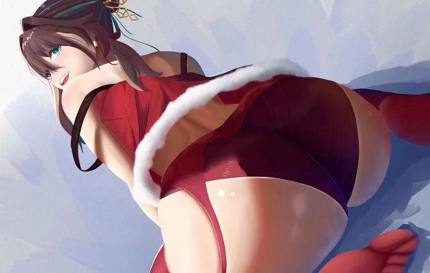 lunar avenger, christmas, honkai: star rail, ruan mei (honkai: star rail), 1girls, ass, ass focus, big ass, big butt, brown hair, christmas clothing, christmas outfit, fat ass, from behind, from below, garter belt, hanging clothes, huge ass, huge butt, kneeling, looking at viewer, looking down, multicolored hair, red underwear, simple background, skindentation, smile, solo, solo female, stockings, underwear, wide ass, wide hips, low-angle view