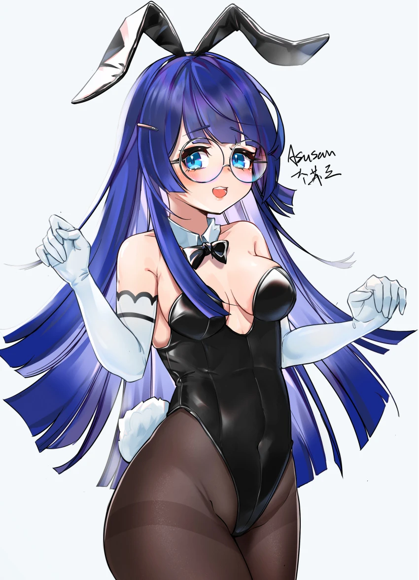 asusan, honkai: star rail, pela (honkai: star rail), 1girls, blue eyes, blue hair, bunny ears, bunnysuit, cleavage, female, glasses, gloves, long hair, solo