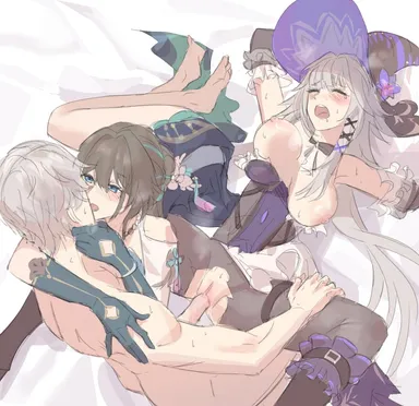 gnarlypzofbread, honkai (series), honkai: star rail, caelus (honkai: star rail), herta (honkai: star rail), ruan mei (honkai: star rail), trailblazer (honkai: star rail), 1boy, 2girls, breasts, breasts out, brown hair, closed eyes, ffm threesome, french kiss, gloves, grey hair, group sex, hat, herta (unknowable domain highlights page) (honkai: star rail), kissing, multicolored hair, multiple girls, nude, on bed, pantyhose, pussy, sex, streaked hair, threesome, torn clothes, torn pantyhose, vaginal penetration, witch hat, highres