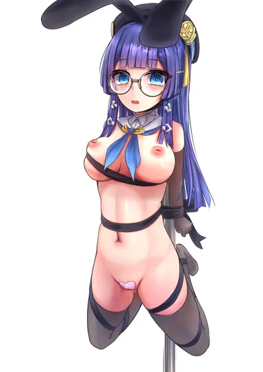 めう, honkai (series), honkai: star rail, pela (honkai: star rail), blue eyes, blue hair, bondage, breasts, bunny ears, female, glasses, large breasts, nipples