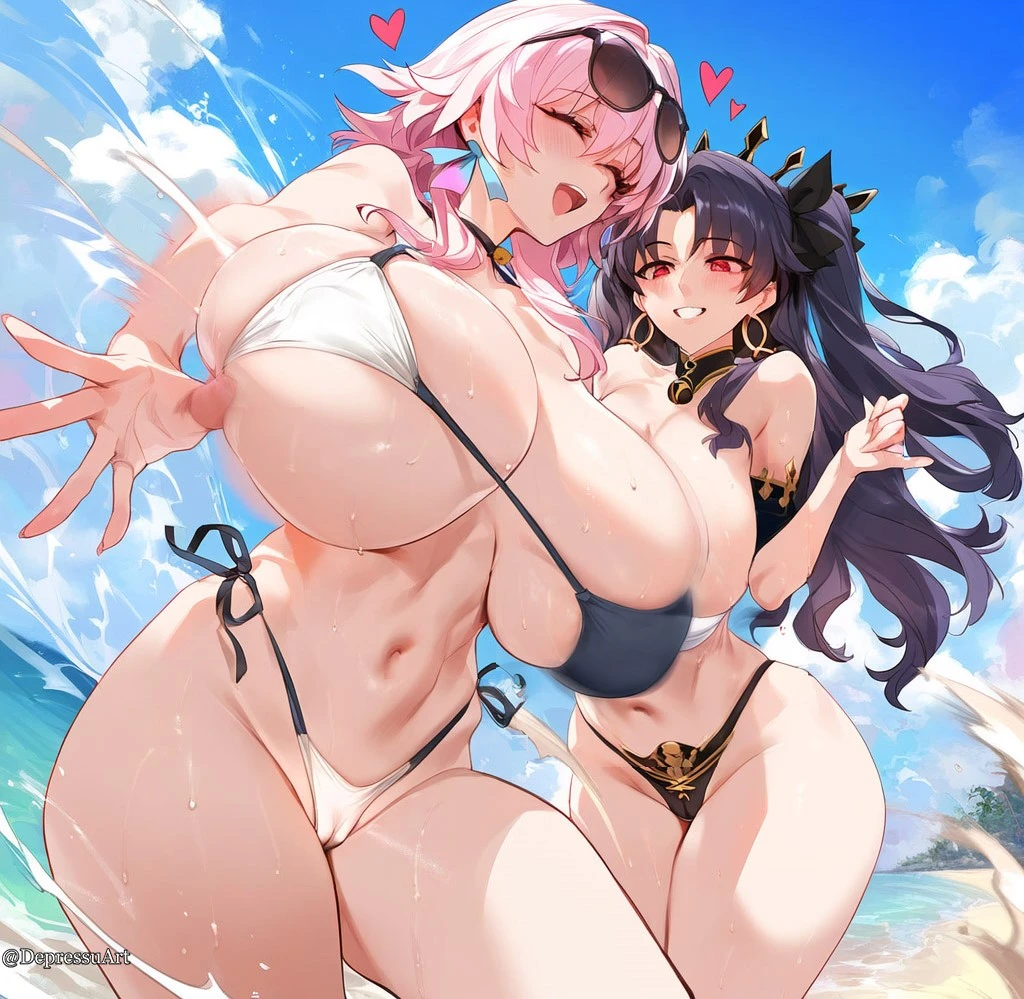 fate (series), fate/grand order, honkai: star rail, ishtar (fate), march 7th (honkai: star rail), 1grils, 2girls, bangs, beach, bikini, black bikini, black hair, blue sky, blush, bouncing breasts, breast press, cleavage, closed eyes, cloud, day, earrings, eyebrows visible through hair, eyewear on head, heart, huge breasts, jewelry, long hair, looking at viewer, navel, ocean, open mouth, outdoors, pink hair, ribbon, sky, smile, sunglasses, thighs, twintails, water, white bikini, yuri, ai generated