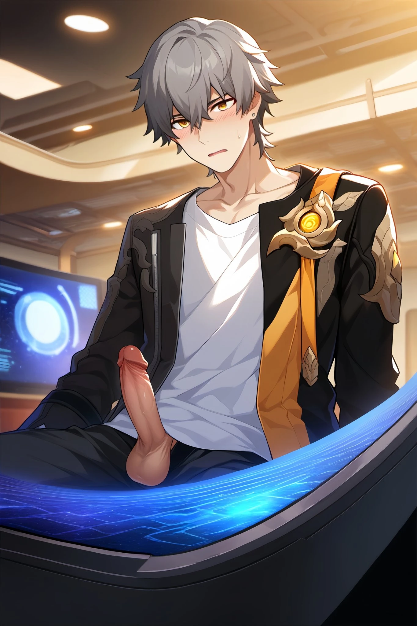 belmarkai, honkai: star rail, caelus (honkai: star rail), 1boy, black pants, blush, collarbone, erection, grey hair, hair between eyes, indoors, jacket, long sleeves, looking at viewer, male focus, open clothes, open jacket, open mouth, pants, penis, shirt, short hair, sitting, solo, sweatdrop, testicles, white shirt, yellow eyes, ai generated, uncensored