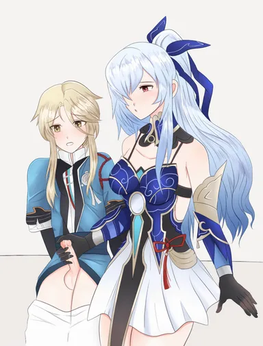 honkai (series), honkai: star rail, jingliu (honkai: star rail), yanqing (honkai: star rail), 1boy, age difference, bare shoulders, black gloves, blush, detatched sleeves, female, gloves, hair ribbon, handjob, long hair, penis, ponytail, ribbon, skirt, tagme