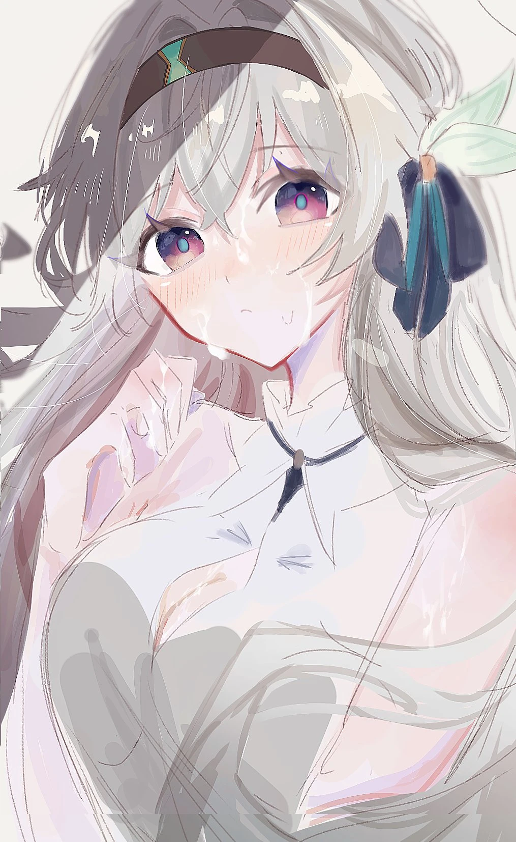 honkai (series), honkai: star rail, firefly (honkai: star rail), 76yomo, black hairband, blush, breasts, cleavage cutout, clothing cutout, collared shirt, cum, cum on body, cum on breasts, facial, female, grey hair, hair between eyes, hairband, large breasts, long hair, looking at viewer, shirt, solo, upper body, wet, white shirt, highres