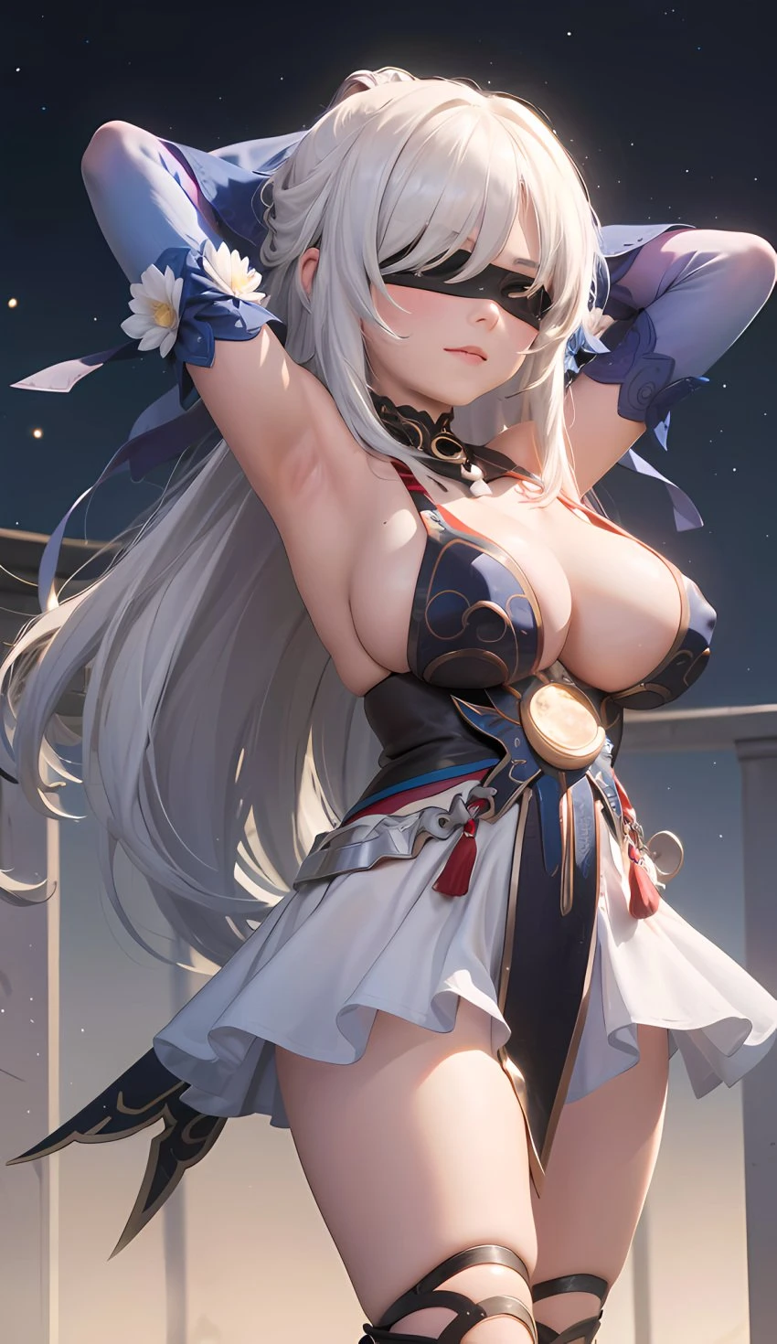 cortezian generations, honkai (series), honkai: star rail, hoyoverse, mihoyo, patreon, jingliu (honkai: star rail), 1girls, armpits, arms up, bare shoulders, big breasts, blindfold, boots, cleavage, clothing, dress, female, gloves, huge breasts, long hair, night sky, solo, stars, thick thighs, thighs, white hair, ai generated, hi res