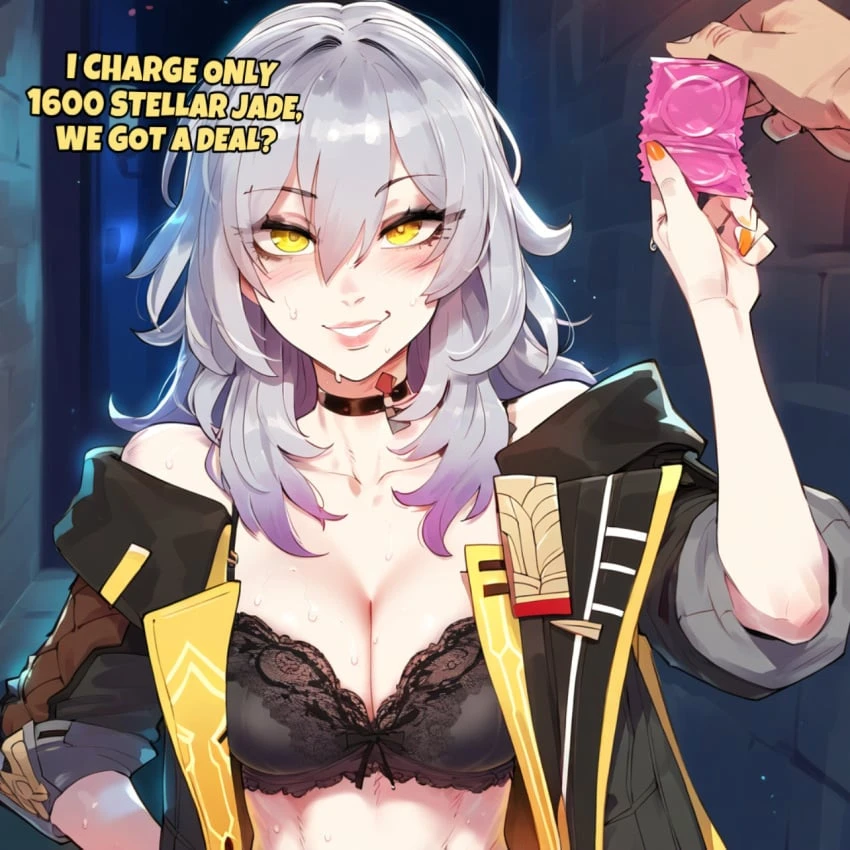 yelua, honkai (series), honkai: star rail, hoyoverse, mihoyo, stelle (honkai: star rail), 1girls, alley, alleyway, choker, cleavage, clothing, condom, condom wrapper, female, grey hair, hooker, jacket, lingerie, long hair, looking at viewer, narrow waist, night, open clothes, outdoors, perfect body, pov, pov eye contact, small waist, smile, solo, solo female, solo focus, sweat, sweatdrop, thin waist, viewer perspective, yellow eyes, ai generated, english text, text