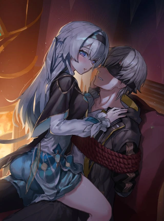 honkai: star rail, caelus (honkai: star rail), firefly (honkai: star rail), 1boy1girl, blindfold, bondage, dominant female, gray hair, hands behind back, looking at viewer, sitting on lap, sitting on person, submissive male, tied up, white hair