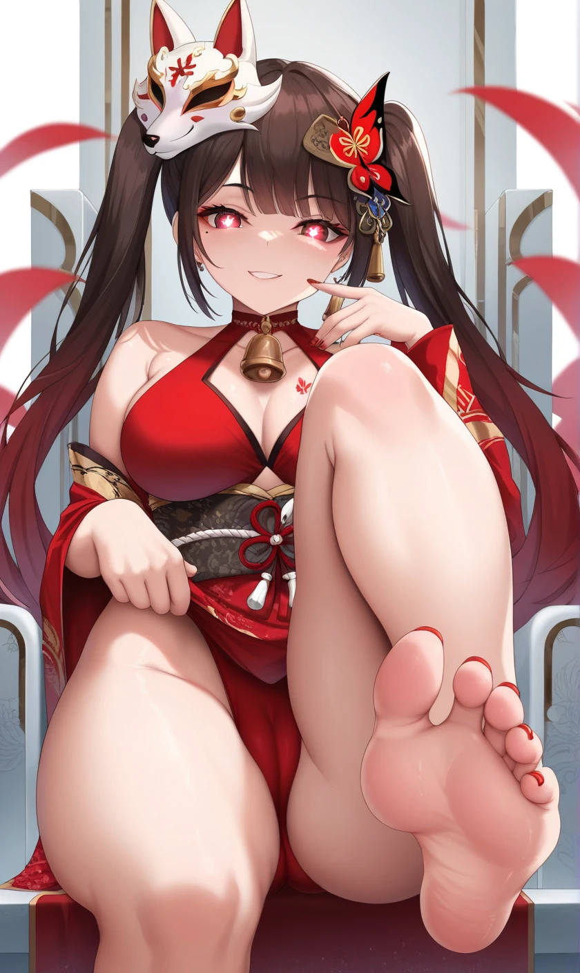 foopanthia, honkai (series), honkai: star rail, sparkle (honkai: star rail), 1girls, bare legs, bare shoulders, bare thighs, barefoot, brown hair, cameltoe, cleavage, feet, female, female focus, female only, foot fetish, foot play, red eyes, soles, sweat, sweating, teasing, thick thighs, thighs, toenail polish, toes, ai generated, hi res, highres