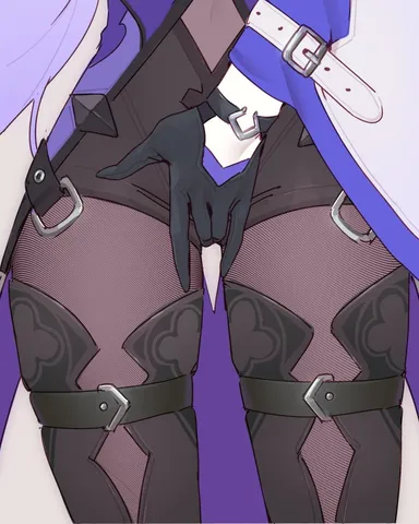 liniora, honkai (series), honkai: star rail, black swan (honkai: star rail), 1girls, belt, belt buckle, black belt, black pantyhose, buckle, close-up, clothed, covered navel, dress, female, gloves, hair spread out, long hair, masturbation, navel, pantyhose, pantyhose under shorts, purple dress, purple hair, shorts, solo, thigh gap, thighhighs, very long hair, wide hips, highres