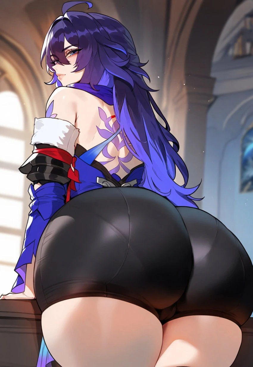 floox, honkai: star rail, seele (honkai: star rail), 1girls, ahoge, ass, blue eyes, blue hair, bubble butt, huge ass, juicy ass, long hair, long sleeves, nipples, shirt lift, thick thighs, thighs, ai generated, tagme