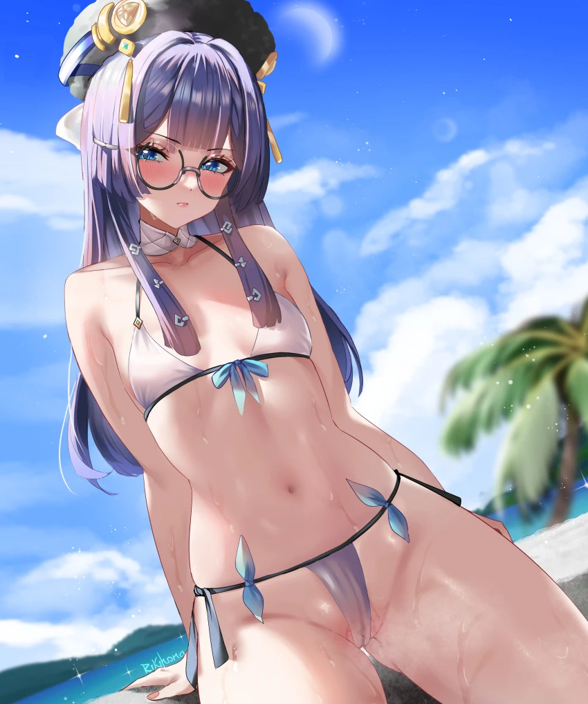 rikihanamomo, honkai (series), honkai: star rail, pela (honkai: star rail), beach, bikini, blue eyes, blue hair, blush, embarrassed, female, g-string, glasses, long hair, outdoors, pussy visible through clothes, swimsuit, wet, wet pussy