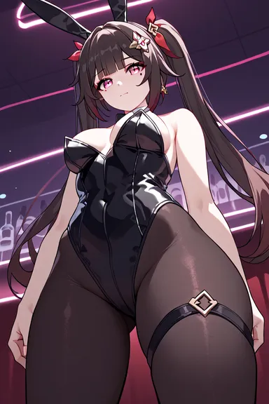 afalyca, honkai (series), honkai: star rail, hoyoverse, sparkle (honkai: star rail), 1girls, black leotard, bow, bowtie, braids, brown hair, bunny costume, bunny ears, bunny girl, bunnysuit, female, from below, from below view, indoors, leotard, long hair, looking at viewer, looking down, low angle, low angle view, pink eyes, playboy bunny, playboy bunny leotard, solo, standing, stockings, thick thighs, tights, ai generated, low-angle view, tensor art