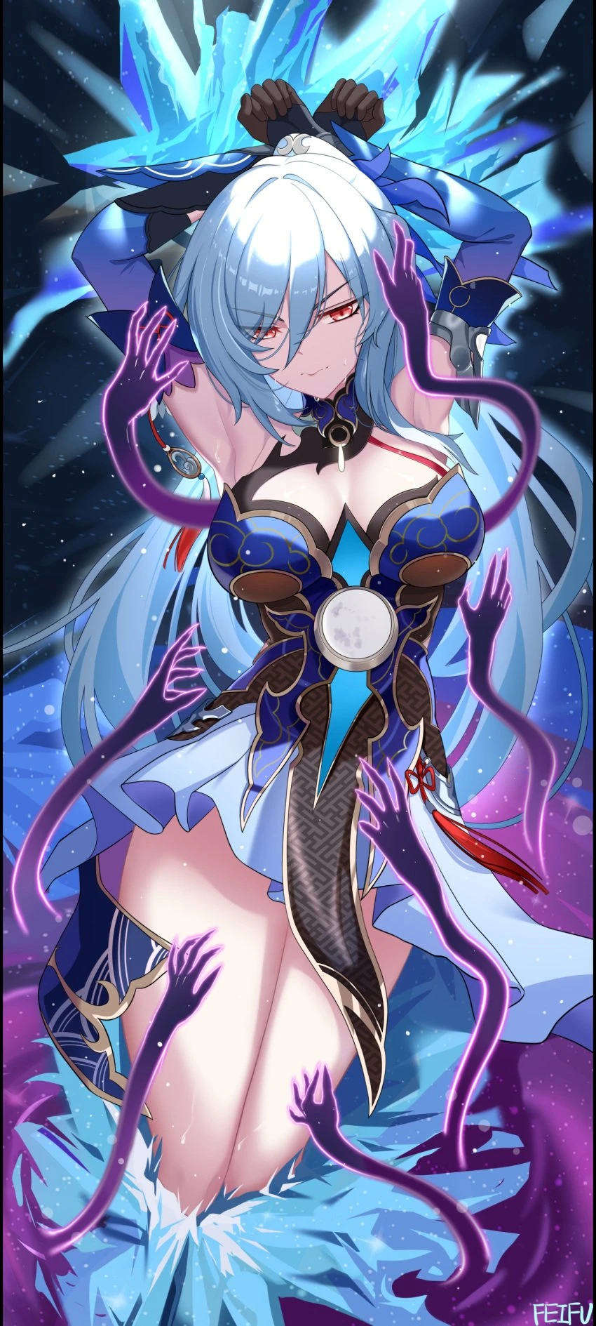 honkai (series), honkai: star rail, hoyoverse, jingliu (honkai: star rail), armpits, arms up, bare shoulders, black gloves, blue dress, blue sleeves, breasts, chinese clothes, closed mouth, detached sleeves, dress, feifu, female, general, ghost hands, gloves, hair between eyes, high ponytail, ice shard, long hair, medium breasts, no blindfold, red eyes, restrained, solo, thighs, very long hair, white hair