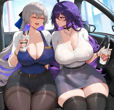 racerai, honkai: star rail, bronya rand, bronya zaychik, seele (honkai: star rail), 1girls, 2girls, bulge grab, bulge through clothing, erection under clothes, futanari, yuri, ai generated