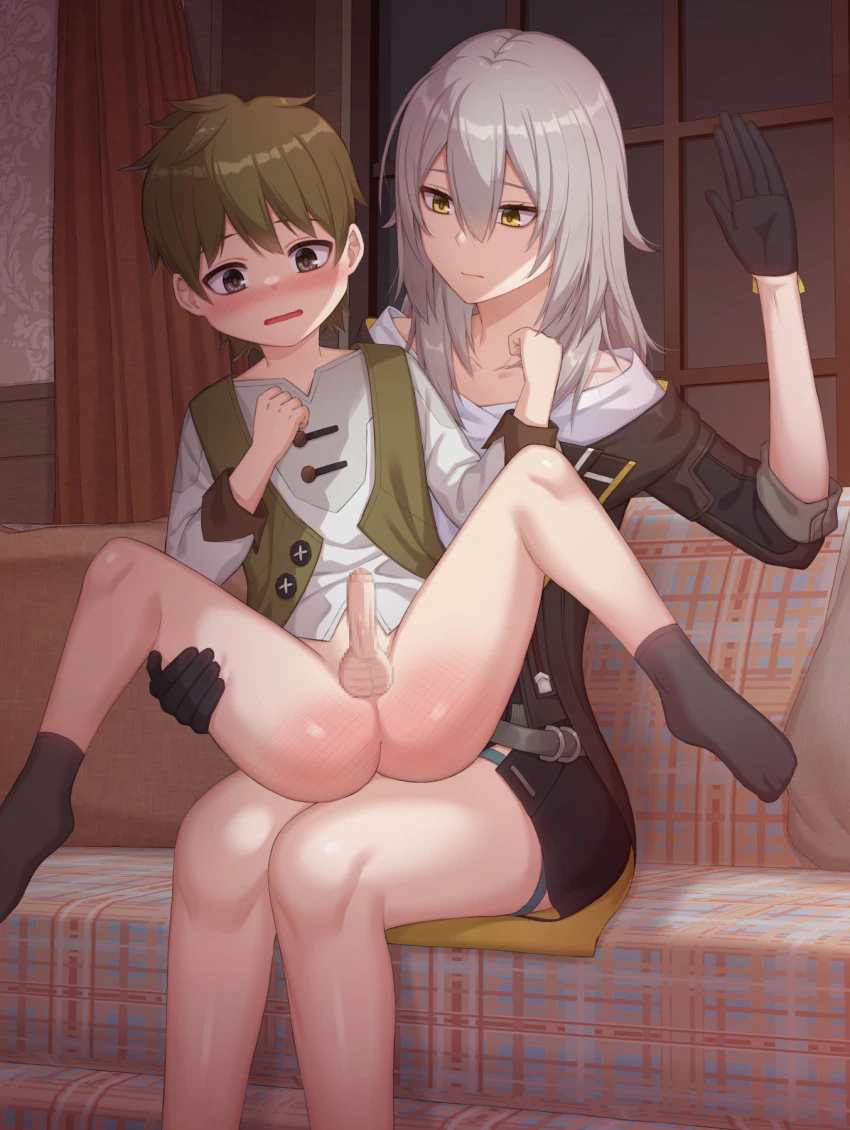 s-goon, honkai (series), honkai: star rail, stelle (honkai: star rail), 1boy, age difference, ass, black gloves, black socks, blush, bottomless, brown eyes, brown jacket, closed mouth, collarbone, couch, curtains, female, foreskin, gloves, grey hair, hair between eyes, hand up, imminent spanking, indoors, jacket, long hair, long sleeves, on couch, on lap, onee-shota, open mouth, phimosis, shirt, short hair, sidelocks, socks, spanked, spanking, spread legs, straight, testicles, thigh strap, trailblazer (honkai: star rail), vest, white shirt, window, yellow eyes, highres, paid reward available