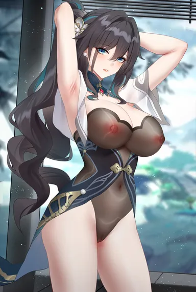 wu ganlan cai, honkai (series), honkai: star rail, ruan mei (honkai: star rail), alternate hairstyle, aqua dress, armpits, arms up, black hair, black leotard, blush, covered nipples, cowboy shot, dress, earrings, female, hair between eyes, hair intakes, jewelry, leotard, long hair, looking at viewer, multicolored hair, parted lips, ponytail, pussy, see-through, see-through leotard, solo, standing, streaked hair, very long hair, absurdres, commentary request, highres, partial commentary