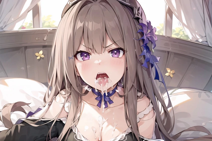 honkai: star rail, herta (honkai: star rail), 1boy, 1girls, after fellatio, angry, angry face, beret, brown hair, cleavage, cum drip, cum in mouth, cum on chest, cum on tongue, detached sleeves, doll, doll joints, dress, dubious consent, ejaculation, fellatio, hair flower, light brown hair, light skin, light-skinned female, long hair, looking at viewer, open mouth, puppet, purple eyes, purple flower, questionable consent, small breasts, solo, solo female, tongue out, v-shaped eyebrows, ai generated, hi res