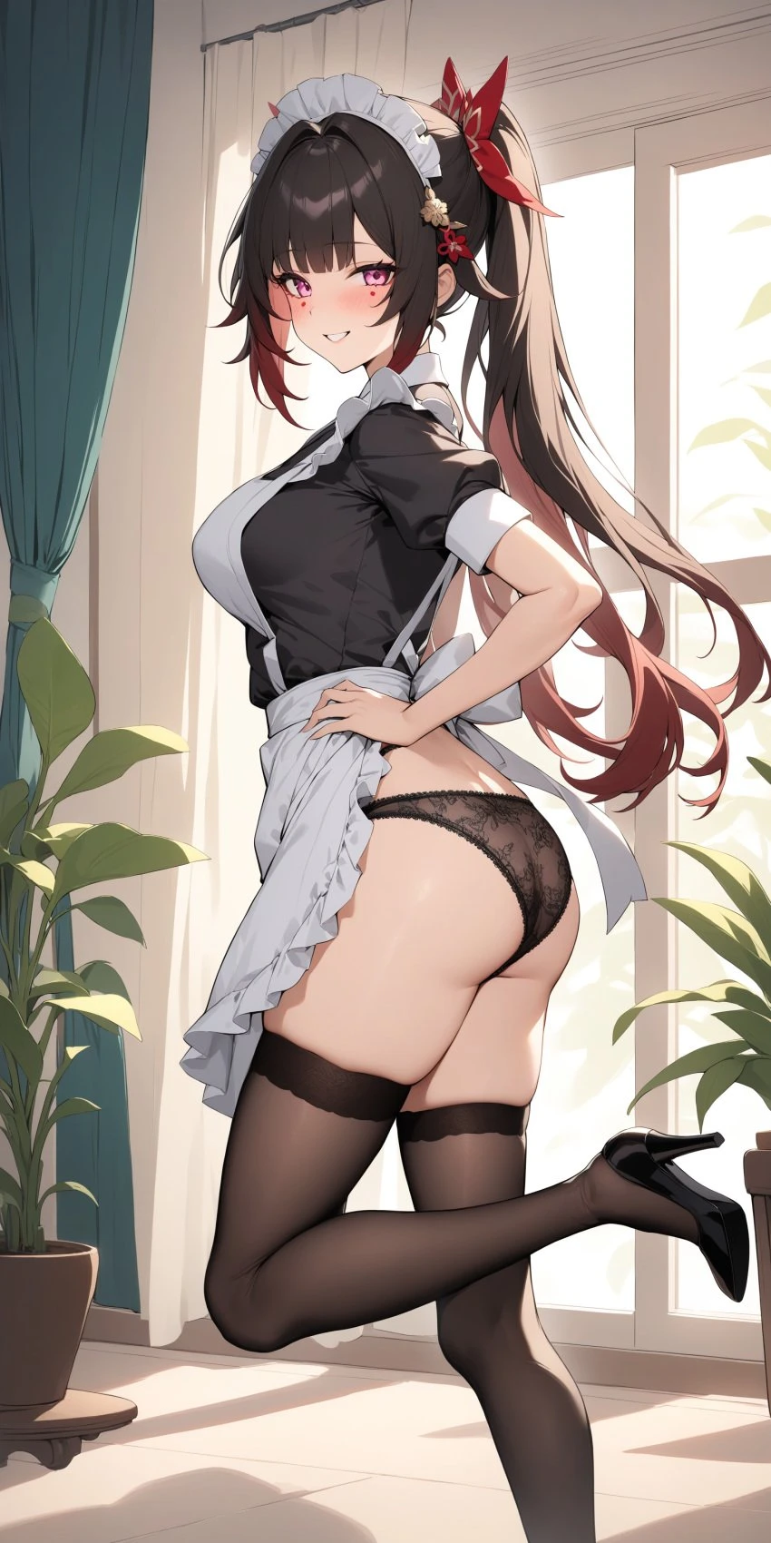 honkai: star rail, sparkle (honkai: star rail), 1girls, ass, big breasts, bra, brown hair, choker, clothing, dominant female, exhibitionism, legwear, long hair, maid, naughty face, panties, pink eyes, pussy, pussy lips, school uniform, skirt, skirt lift, teasing, thick thighs, upskirt, voluptuous, ai generated, hi res