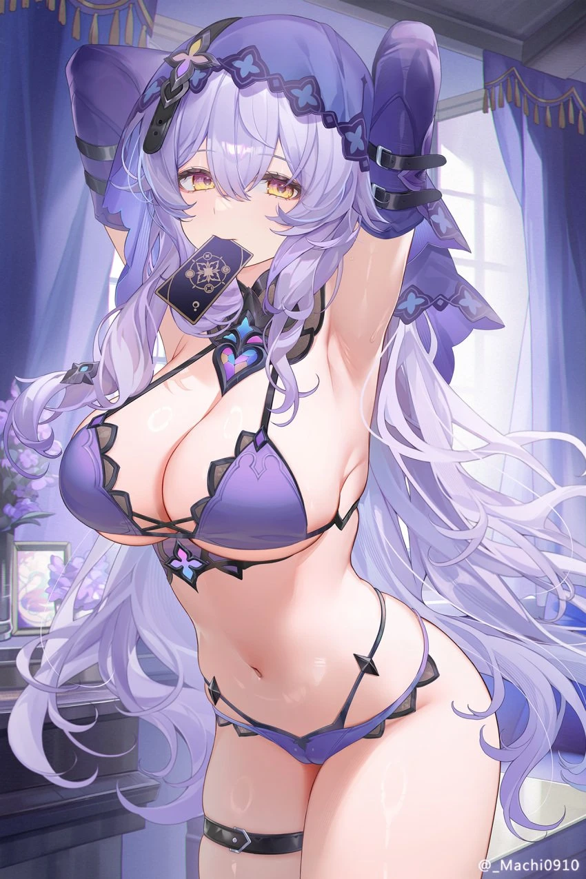 machi (7769), honkai: star rail, black swan (honkai: star rail), armpits, arms behind head, blush, cameltoe, card in mouth, contrapposto, cowboy shot, curtains, half-closed eyes, large breasts, lingerie, photo frame, shiny skin, thick thighs, thighs, vase, wide hips, artist name