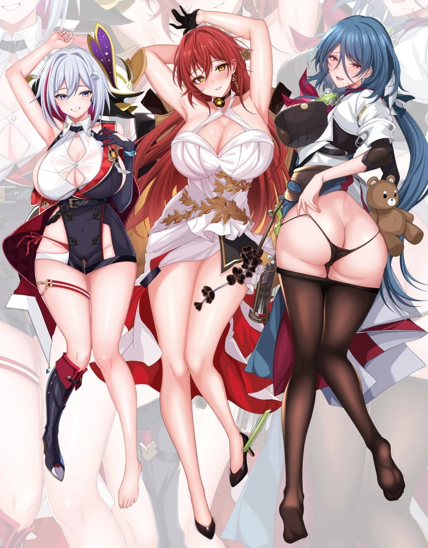 honkai (series), honkai: star rail, himeko (honkai: star rail), natasha (honkai: star rail), numby (honkai: star rail), topaz (honkai: star rail), 3girls, ass, big breasts, black panties, blue hair, blush, boots, breasts, butt crack, cameltoe, cleavage, dress, heels, light skin, light-skinned female, long hair, looking at viewer, multicolored hair, multiple girls, panties, pantyhose, purple eyes, red eyes, red hair, short hair, smile, thighs, two tone hair, white dress, white hair, yellow eyes