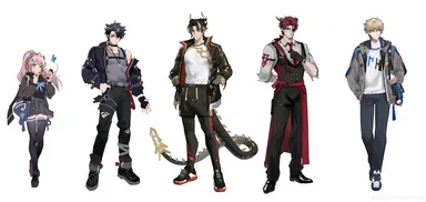 aussummer, arknights, genshin impact, honkai (series), honkai: star rail, chong yue (arknights), sangonomiya kokomi, wriothesley (genshin impact), black hair, denim, female, gepard landau, hoederer (arknights), jacket, jeans, looking at viewer, male focus, multiple boys, muscular, pants, red hair, scar, shoes, vest, absurdres, highres, incredibly absurdres