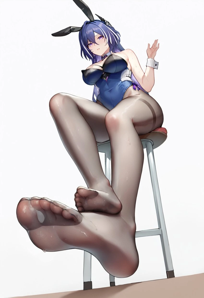 lilianaa, honkai: star rail, acheron (honkai: star rail), 1girls, bunny ears, bunnysuit, foot fetish, pantyhose, soles, ai generated, stable diffusion