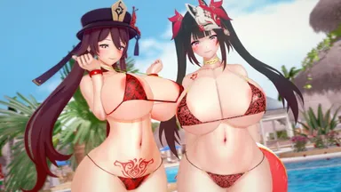 taf4mad, genshin impact, honkai: star rail, hu tao (genshin impact), sparkle (honkai: star rail), 2girls, areolae, big breasts, bikini, blush, breasts, busty, female, huge breasts, large breasts, looking at viewer, navel, pubic tattoo, swimming pool, swimsuit, tattoo, voluptuous, koikatsu