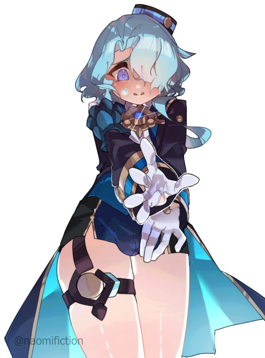 honkai: star rail, misha (honkai: star rail), blue hair, blush, clothed, clothing, femboy, femboy focus, femboy only, looking down, male, male focus, male only, solo, solo focus, solo male, thick thighs, torn clothes