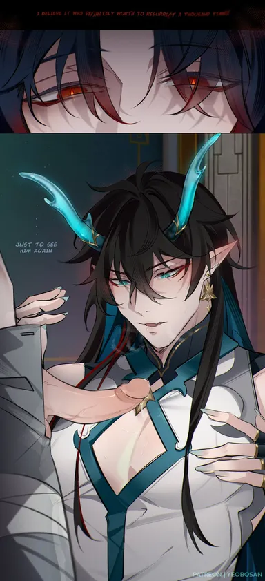 yeobosannsfw, honkai: star rail, blade (honkai: star rail), dan heng, dan heng (imbibitor lunae), 2boys, boob window, gay, green eyes, horns, long hair, looking at penis, penis, precum, yaoi