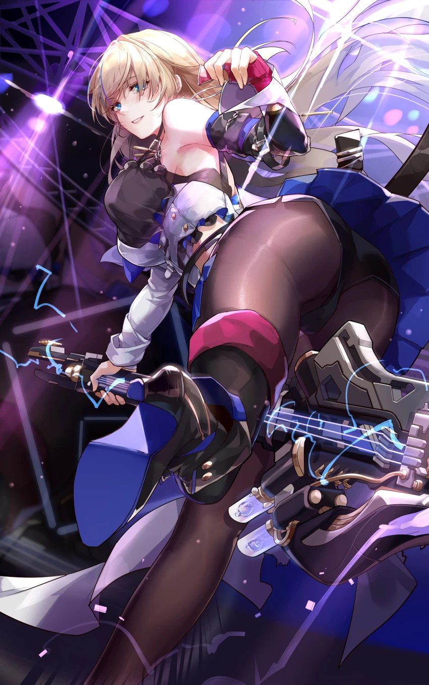 zomzomzomsauce, honkai (series), honkai: star rail, serval landau, 1girls, ass, blonde hair, electric guitar, female, guitar, large ass, large butt, long hair, on stage, panties, pantyhose, skirt, solo, stage, upskirt, absurd res, hi res, high resolution, highres, tagme