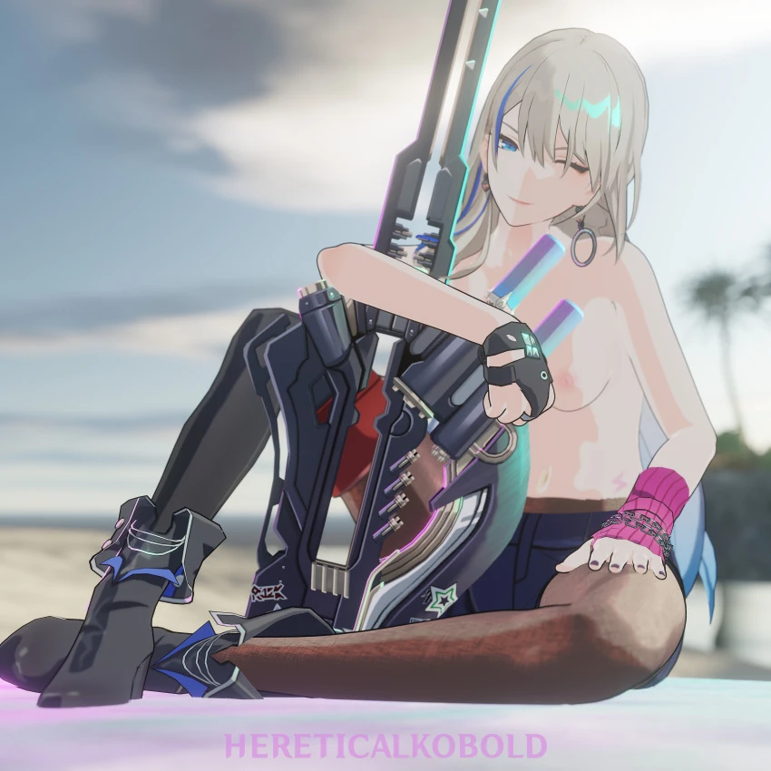 hereticalkobold, honkai (series), honkai: star rail, serval landau, 1girls, breasts, breasts out, clothing, dyed hair, female, female focus, female only, guitar, partially clothed, tight clothing, tights, topless, topless female, weapon, anime