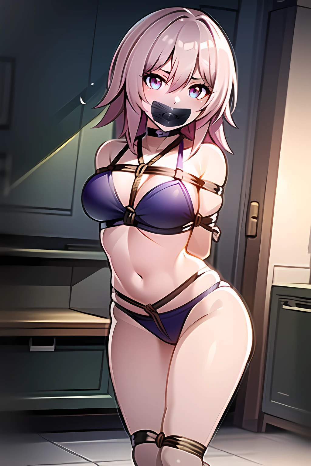 honkai (series), honkai impact, honkai: star rail, hoyoverse, mihoyo, march 7th (honkai: star rail), bikini, bondage, bound, crotch rope, gag, gagged, pink hair, train, train interior, ai generated