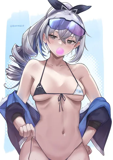 honkai: star rail, silver wolf (honkai: star rail), bubble gum, eyewear on head, micro bikini, small breasts, sunglasses on head, taking off panties, signature